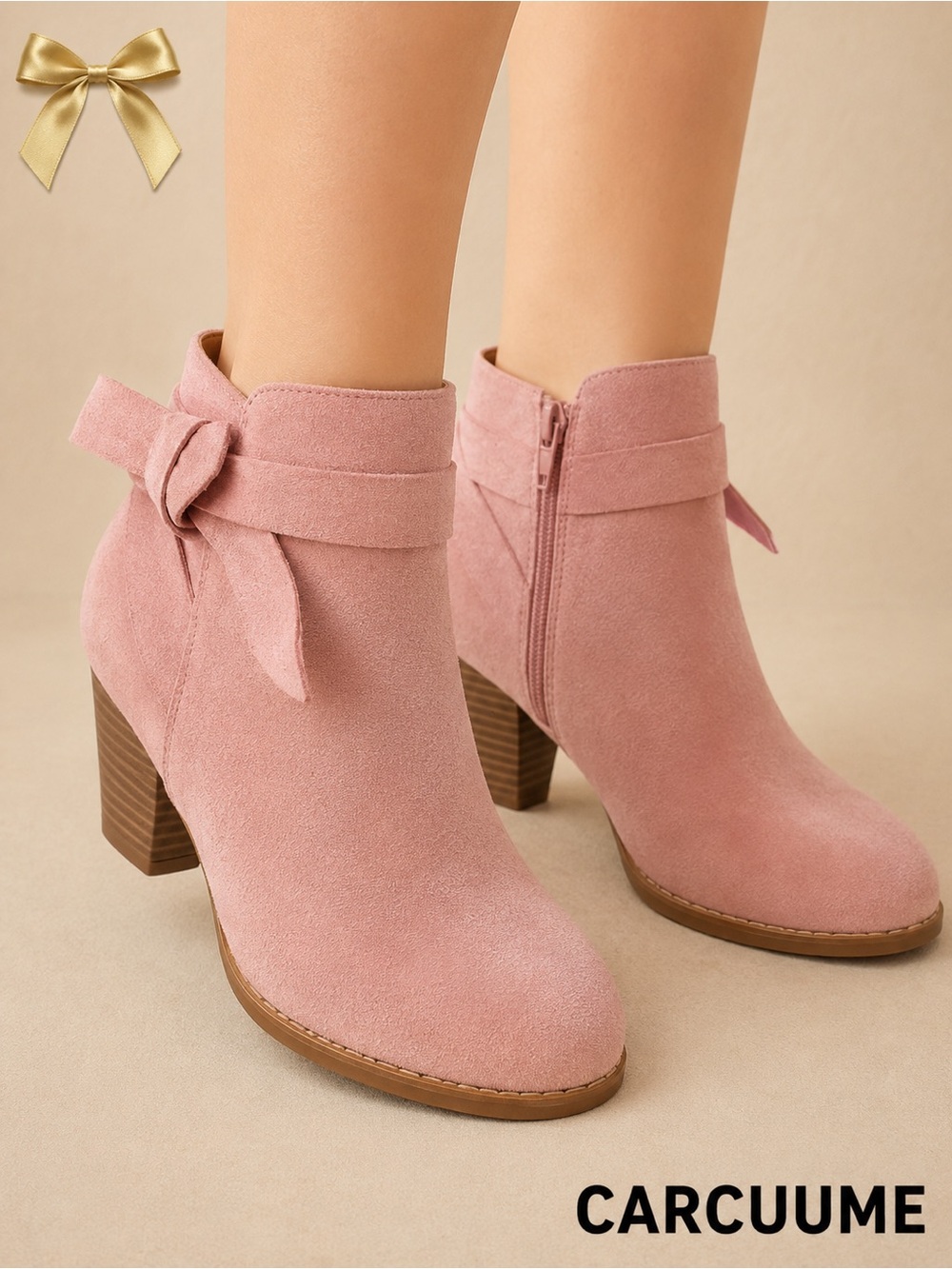 Carcuume Pink Faux Suede Bow Ankle Booties Block Heel Size 7